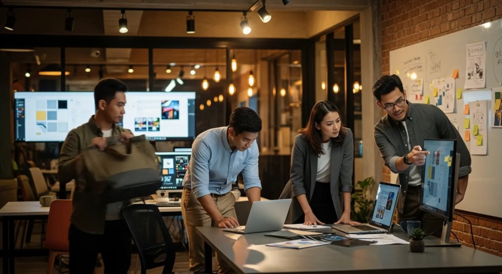 The JY Media Lab team reviewing work together around a table of screens