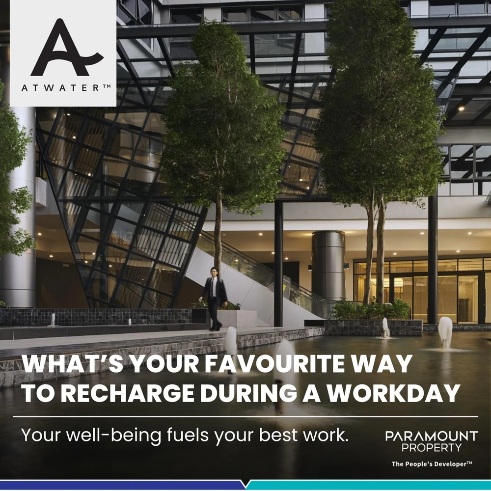 ATWATER social creative: a landscaped office courtyard with reflecting pools, headlined “What’s your favourite way to recharge during a workday”.