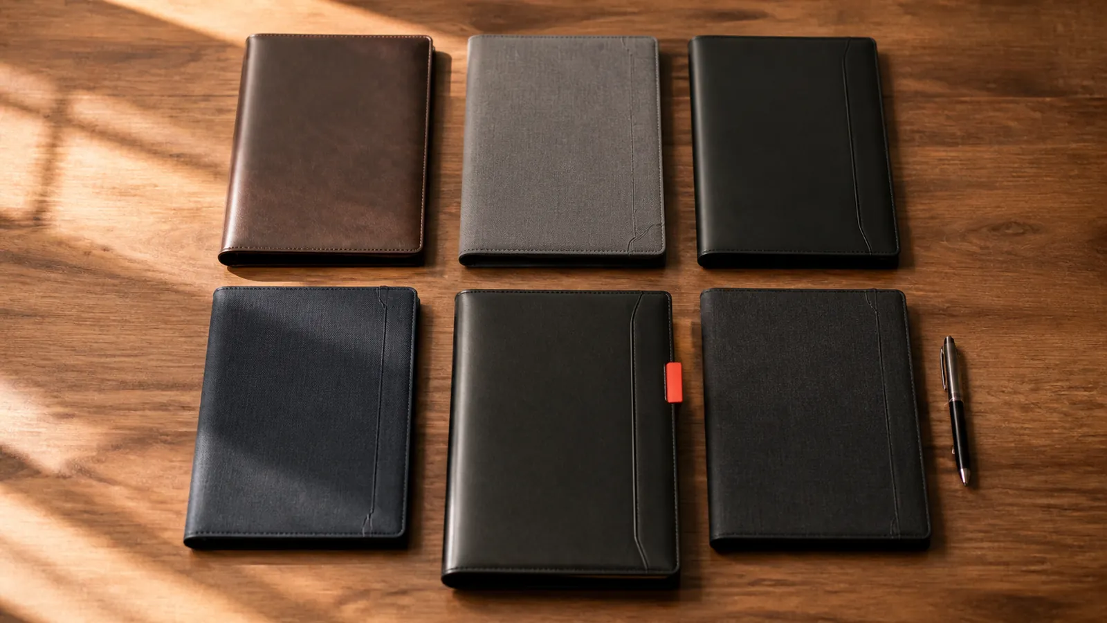 Six business portfolio folders laid out for comparison, one marked as the chosen agency