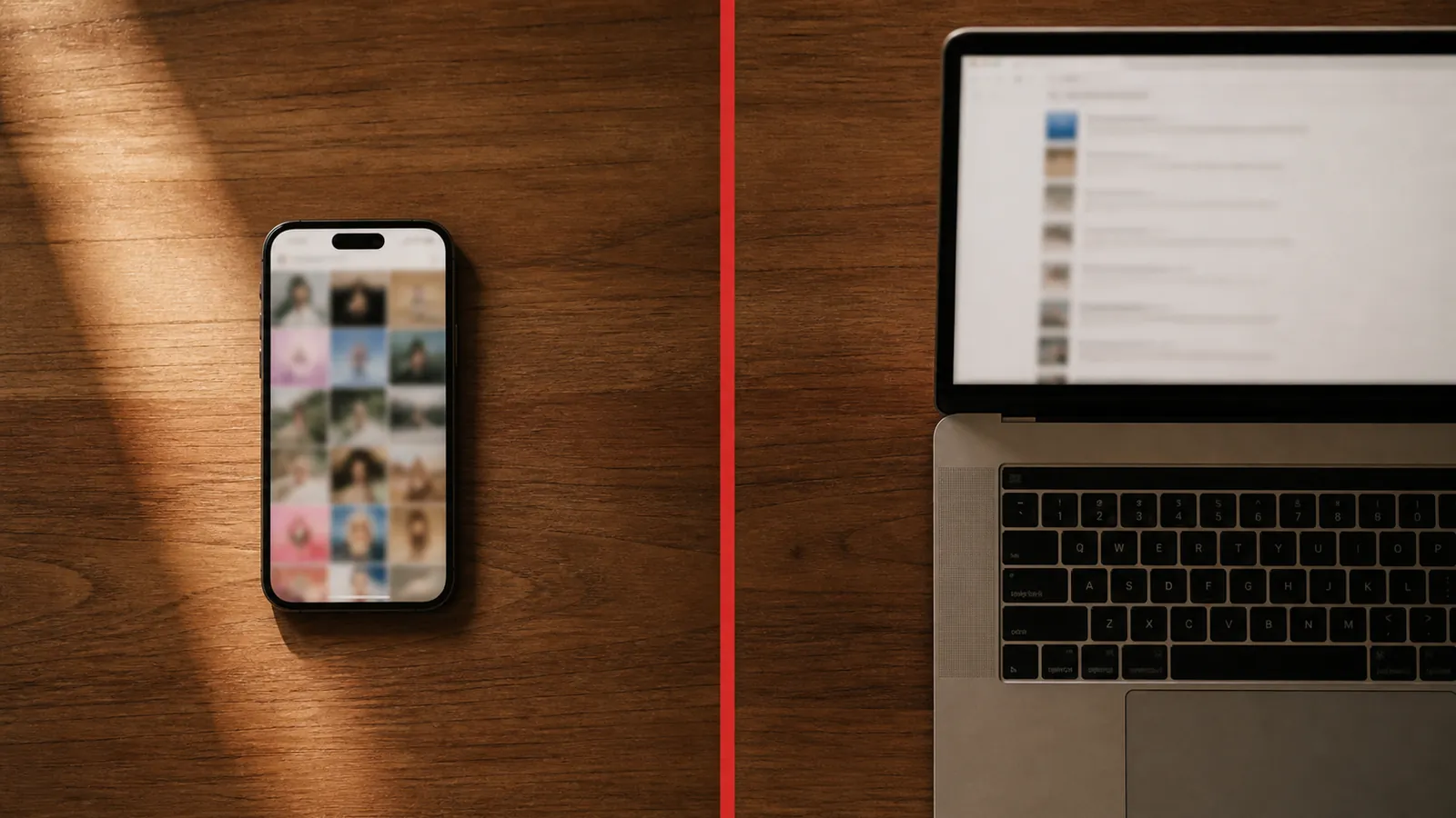 A smartphone showing a social feed beside a laptop showing search results, split by a red divider