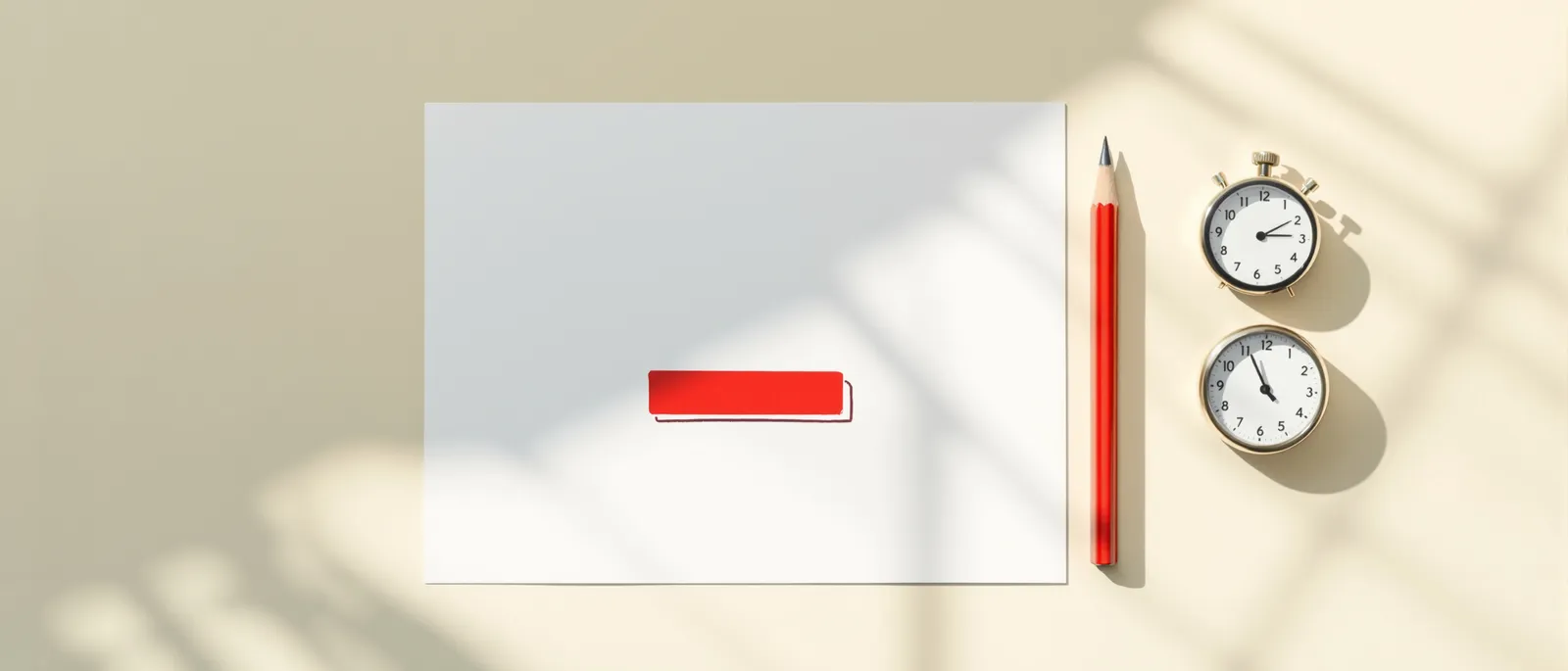 A sketched landing page wireframe with a red button, a red pencil and a stopwatch beside it