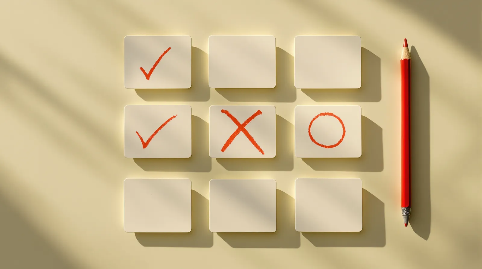 Nine cards in a grid, some marked with red checks, a cross and a circle
