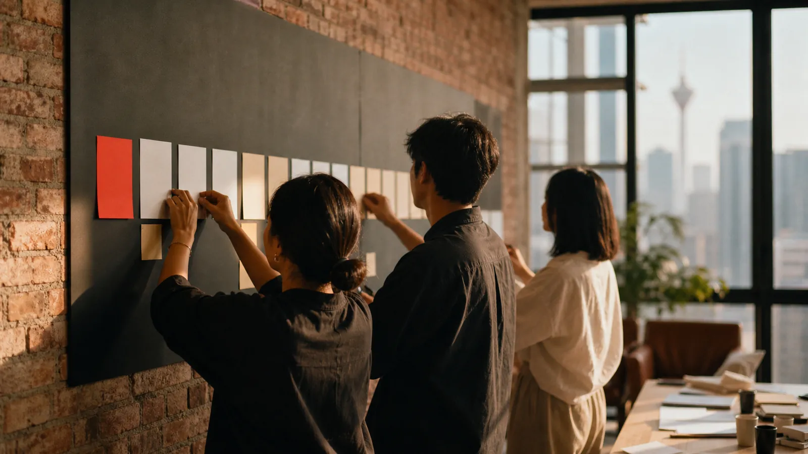 A marketing team arranging cards into a left-to-right timeline on a studio pinboard, Kuala Lumpur skyline beyond